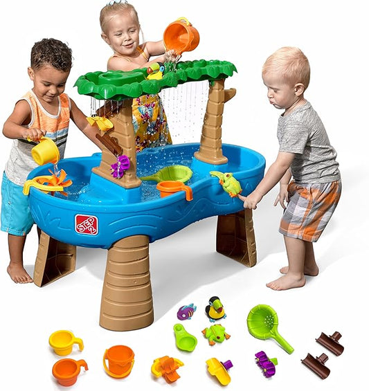 Step2 Tropical Rainforest Water Table, Kids Water and Sand Activity Sensory Playset, Summer Outdoor Toys, 13 Piece Water Toy Accessories, For Toddlers 1.5+ Years Old, Blue & Brown