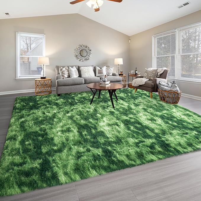Pettop Fluffy Shag Area Rug, 4x6 Tie-Dyed Plush Fuzzy Rugs for Living Room, Ultra Soft Shaggy Rugs for Bedroom, Non-Slip and Washable Indoor Carpet for Girls Kids Room Home Decor, Dark Green