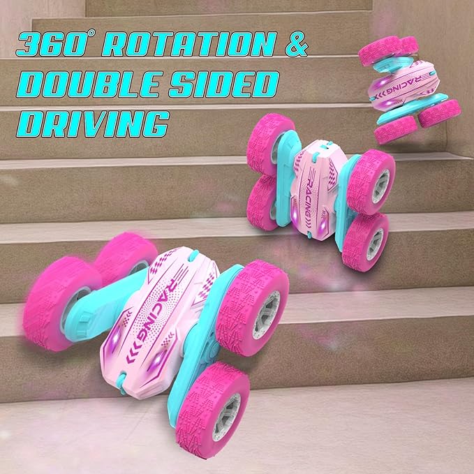 Remote Control Car for Girls, RC Car for Girls, 360° Stunt Rotating Double-Sided Race Remote Cars with Headlights, Fun Toys Christmas Birthday Gifts for 4-7 8-12 Years Old Boys Girls
