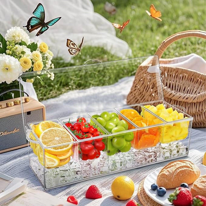 5 Compartment Condiment Server, Ice Chilled Condiment Containers with Lid, Clear Condiment Caddy Serving Tray on Ice with 5 Serving Spoons 5 Fruit Forks 2 Serving Tongs