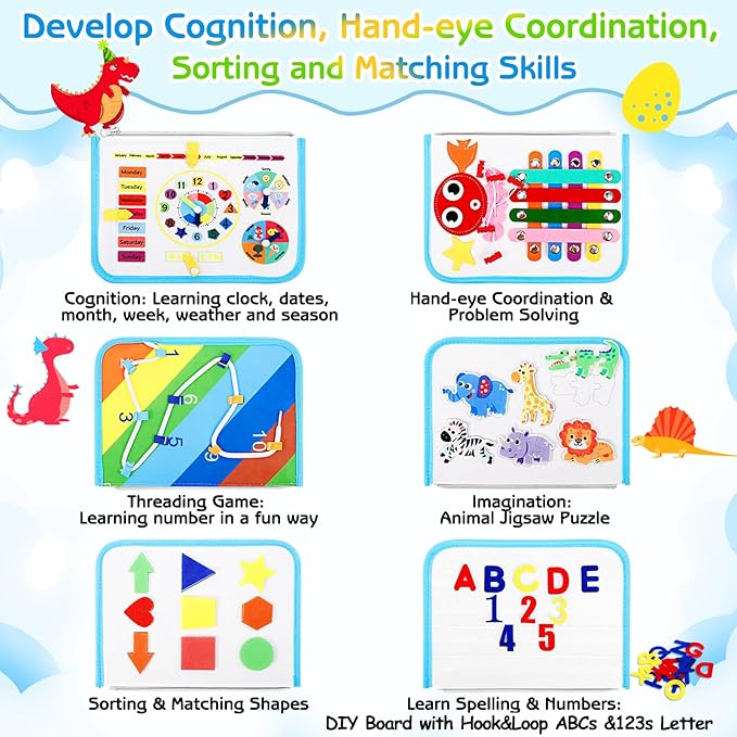 Esjay Toddler Busy Board Montessori Toys, Sensory Board Educational Activities for Learning Fine Motor Skills, Gifts for Girls Boys Toddlers, Travel Toys for Airplane Car,White Dinosaur