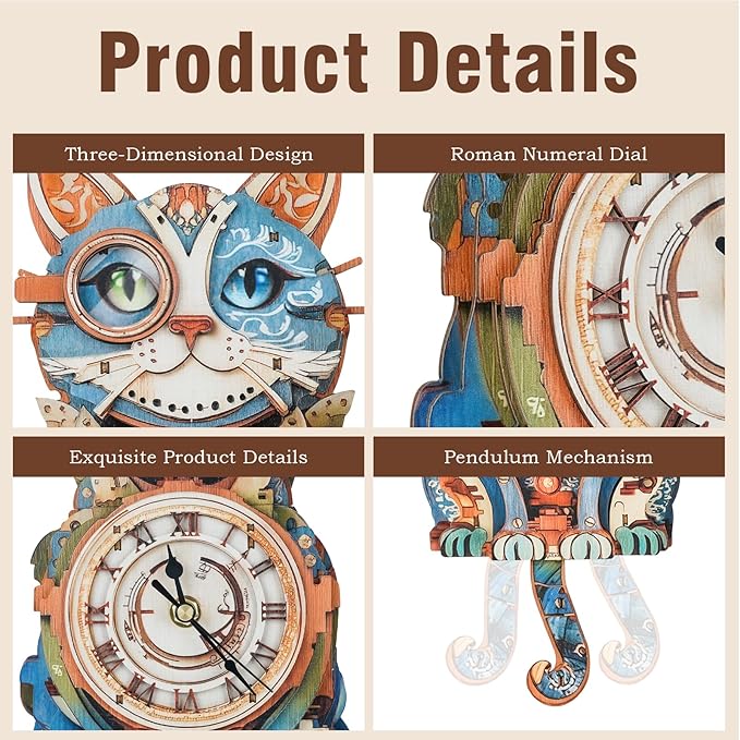 3D Puzzles for Adults Clock-Cat Detective Design Model Kit-Mechanical DIY Pendulum Clock with Roman Numerals-Desk Home Office Decor Personalized Gift for DIY Lovers