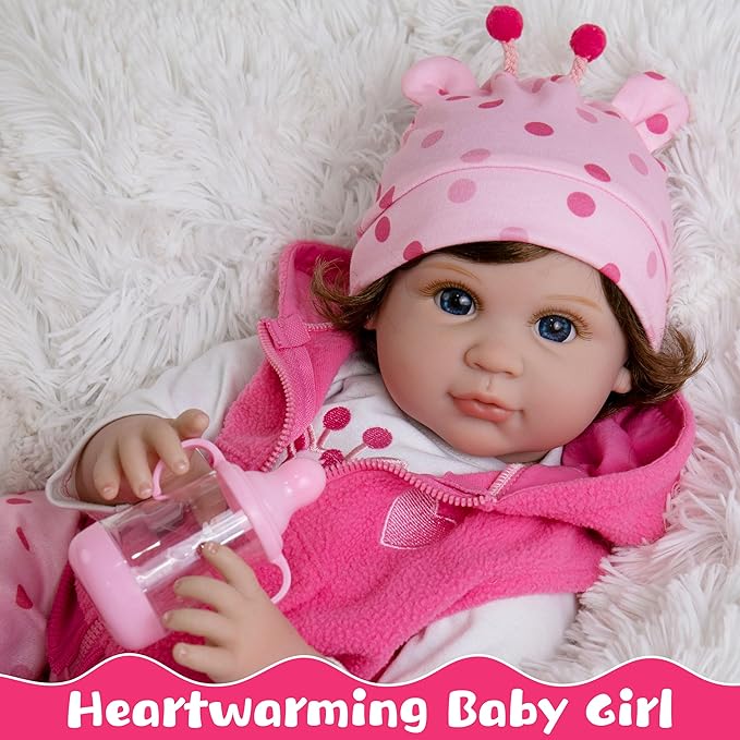 Real Life Baby Dolls, 22-Inch Reborn Baby Doll Soft Cloth Body Lifelike Baby Dolls Complete with Clothes and Toy Accessories Christmas Birthday Gift for Kids Age 3+, Pink Pony