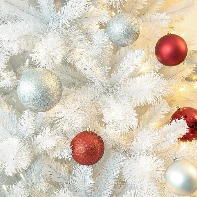 Glitzhome 8ft Pre-Lit Slim Artificial Christmas Tree, Aspen Frostfall Pine Hinged Holiday Xmas Tree with Foldable Metal Stand, 500 Warm White Lights, Ideal for Home, Office, Party Decoration