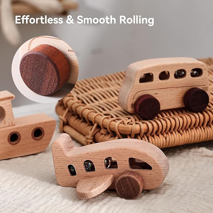 WOODEN TEETHER 3pcs Wooden Cars for Toddlers 1-3 Years Car Toys for Babies Wooden Baby Toys Include Car Boat Airplane,Ideal Gift for Girls and Boys