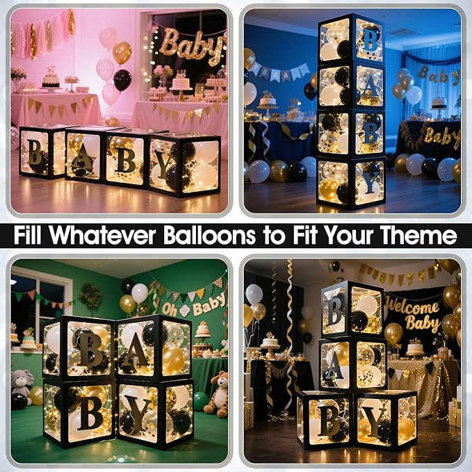 Ledido Baby Boxes with Letters for Baby Shower Decoration, 4 pcs Clear Balloon Boxes Blocks with LED Fairy String Lights 38 Balloons for Boy Girl Gender Reveal Birthday Party (Black)