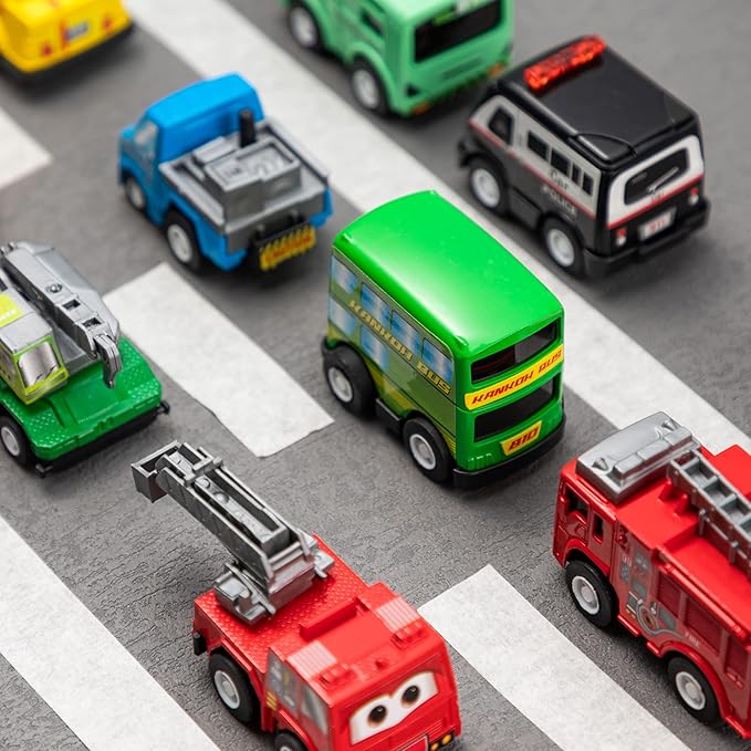 JOYIN 18 Pcs Pull Back City Cars and Trucks Toy Vehicles Set, Friction Powered Cars Toys for Toddlers, Boys, Girls’ Educational Play, Kids Stocking Stuffers, Easter Basket Stuffers