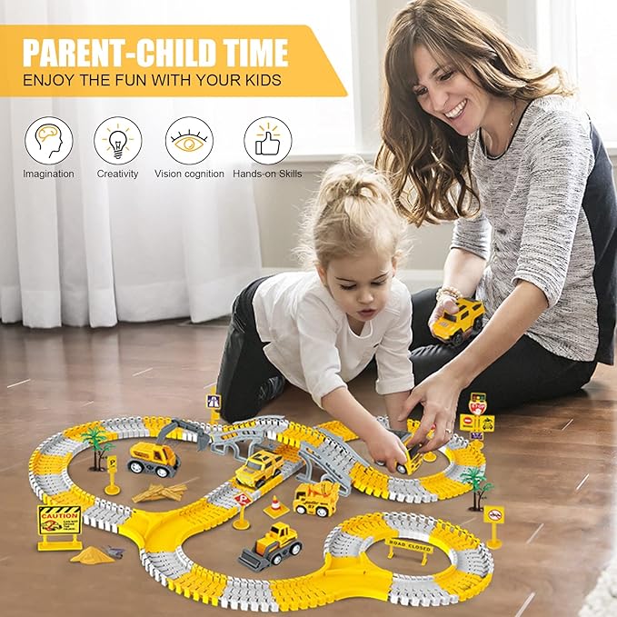 260 PCS Construction Race Tracks for Kids Toys, 2 Electric Cars, 4 Construction Cars, 1 Map & Flexible DIY Track Set, Engineering Toys for 3 4 5 6 Year Old Boys Girls
