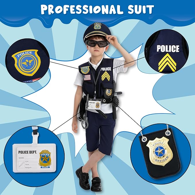 JOYIN 14 Pcs Police Pretend Play Toys Hat and Uniform Outfit for Halloween Dress Up Party, Officer Costume, Role-playing