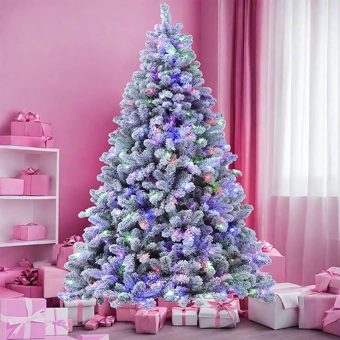 Flocked Christmas Tree Prelit, 7.5 ft Prelit Christmas Tree with 10 Function Warm & Colorful Lights, Easy Assembly Artificial Tree with Realistic Branch Tips
