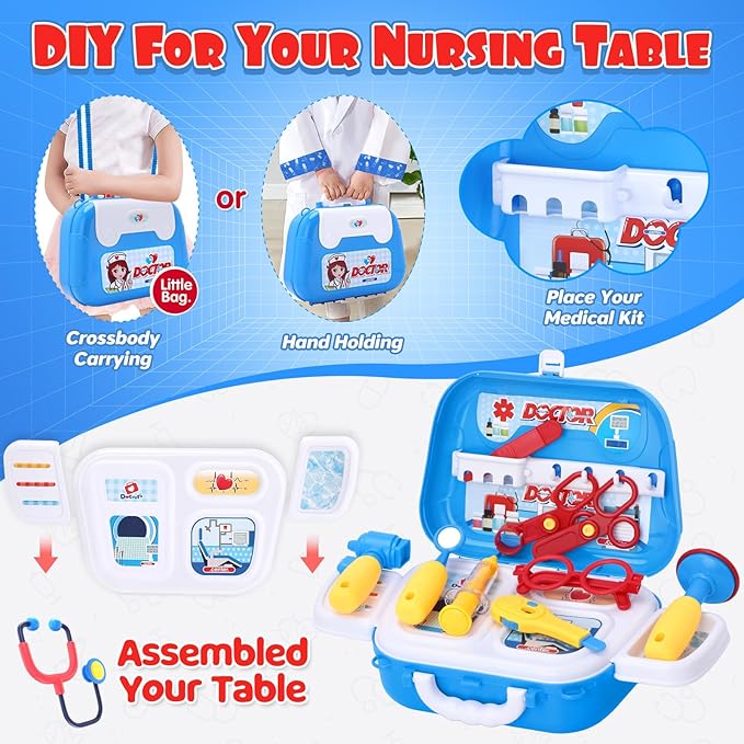 GINMIC Kids Doctor Play Kit, 22 Pieces Pretend Play Doctor Set with Roleplay Doctor Costume and Carry Case for Toddlers and Kids, Medical Dr Kit Toys for Girl Age 3 4 5 6 7 Year Old (Blue-1)