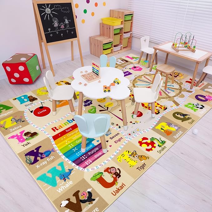 Playroom Rug Daycare Kids Rug 3x5,Educational and Fun Nursery Rug with ABC Alphabet Animals Classroom Rug Washable Kids Play Mat Baby Toddler Children Girls Rugs for Bedroom,Beige and Pink