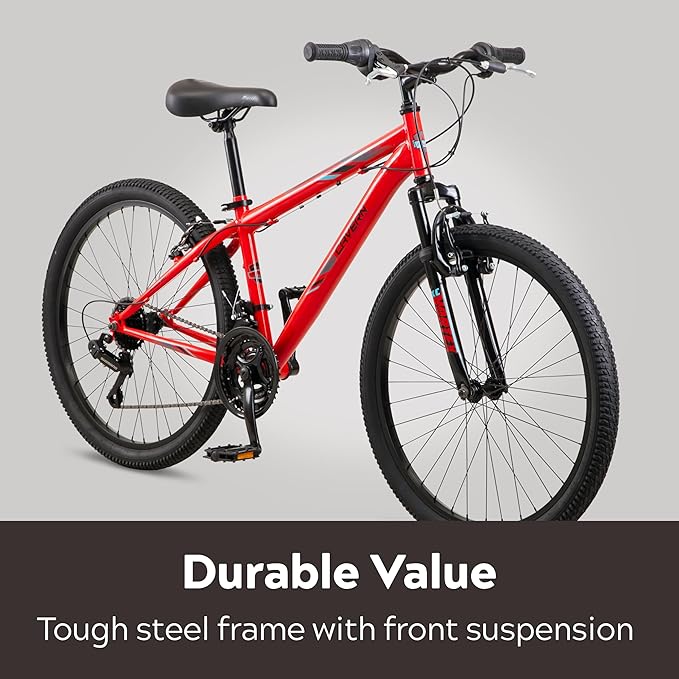 Cavern Mountain Bike for Youth or Adult Boys Girls, 7 or 21-Speed Twist Shifter Options, 20/24/26-Inch Wheels, 11 to 17.5-Inch Steel Frame, Front Suspension, Kickstand Included