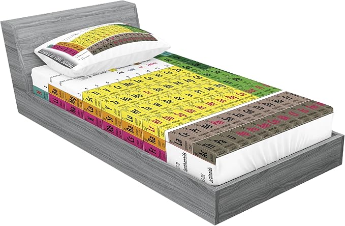 Ambesonne Modern Fitted Sheet & Pillow Sham Set, Periodic Table of Elements PHD Chemistry Student Family for Science Lover Education, Decorative Printed 2 Piece Bedding Decor Set, Twin, Yellow