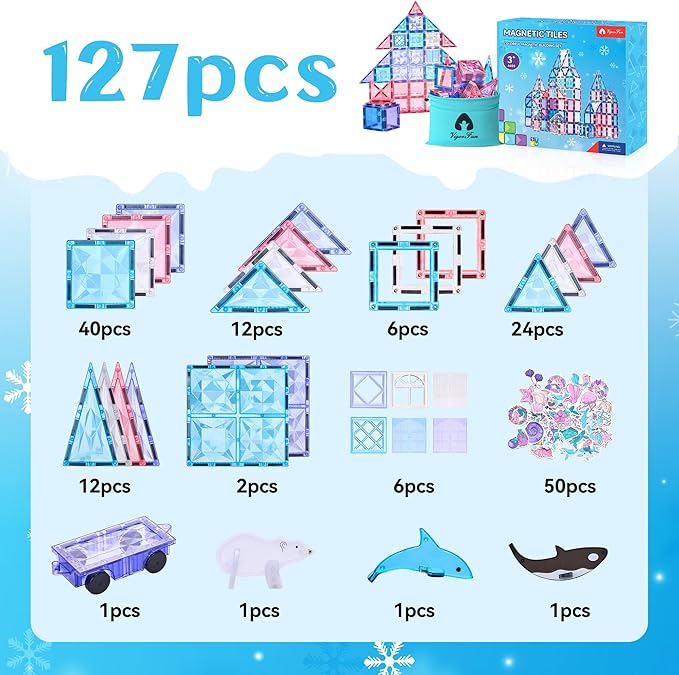 VigorFun 127-Piece Magnetic Tiles Building Set – STEM Construction Toys with Car & Animal Models, Stickers – Educational Sensory Kit for Kids Ages 3-8, Ideal Gift for Boys & Girls