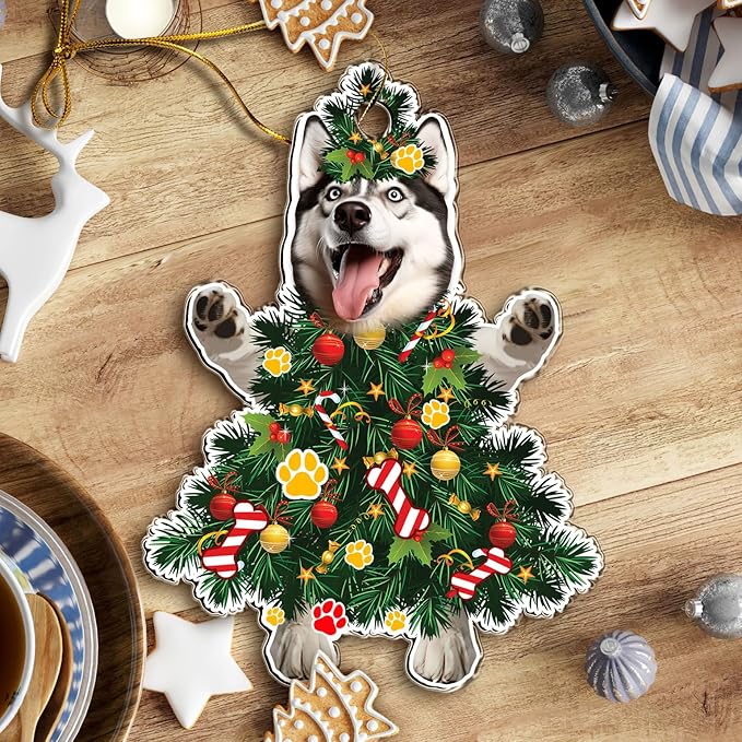 2025 Husky Dog Christmas Ornament - Adorable Dog Dressed as a Christmas Tree - Fun and Festive Acrylic Decoration (Husky Xmas Tree)