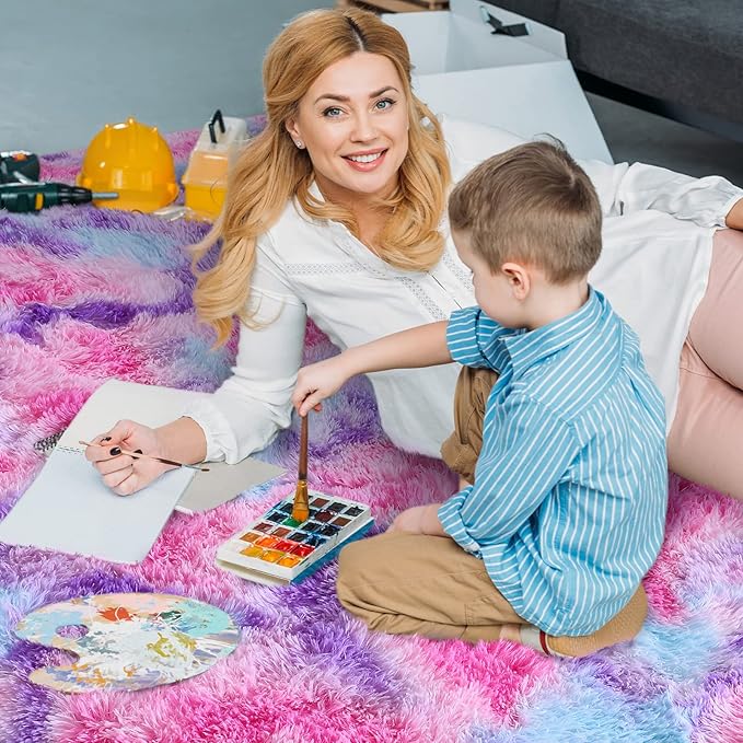 AROGAN Soft Rainbow Area Rugs for Girls Room 6x9 Feet, Fluffy Girls Bedroom Rugs, Princess Rug, Cute Colorful Carpet for Kids Teens Nursery Toddler, Hot Pink