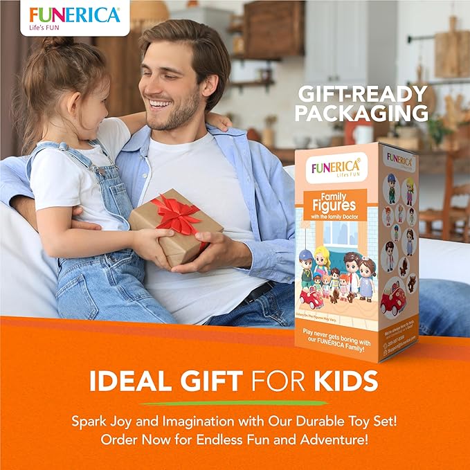 FUNERICA Dollhouse People Figures Playset - Dollhouse Family Little Play Figurines Doll House Accessories Toys -(Family Figures with Car, Pets, Doctor & Nurse)