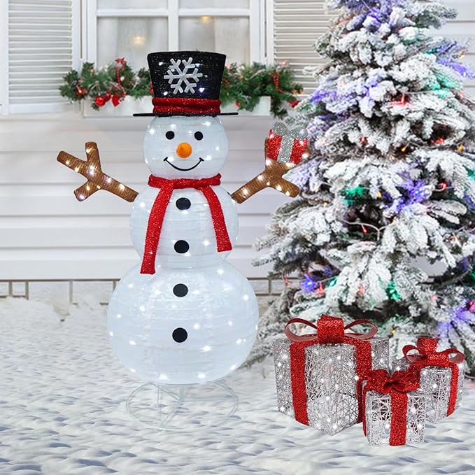 Lighted Gift Box Set of 3, Silver Boxes with Red Bow, Prelit 60 White Lights Present Boxes Lighted Display with Plug Home Porch Outdoor Yard Christmas Decorations-Red