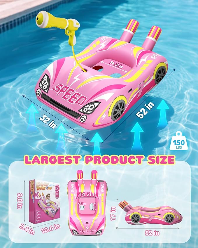 JOSEN Pool Floats Kids with Water Gun, Inflatable Ride-on Car Funny Pool Floats for Kids Ages 3-8, Toddler Pool Float, Summer Outdoor Lake Beach Party Pool Toys for Boys Girls