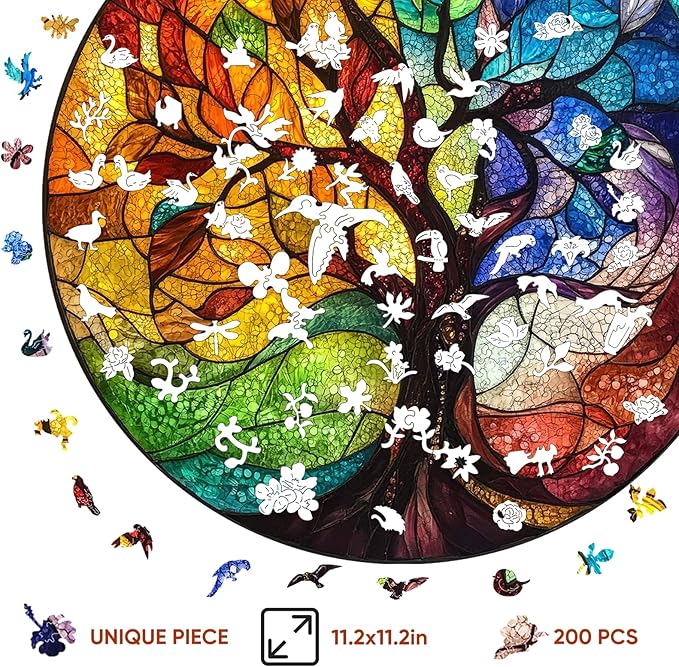 Wooden Puzzle for Adults - 3D Tree of Life Wooden Jigsaw Puzzles 200 Piece, Unique Shaped Challenging Puzzles, Exquisite Packaging, Best Gift Mother's Day Toys for Family Friends 11.2x11.2 in