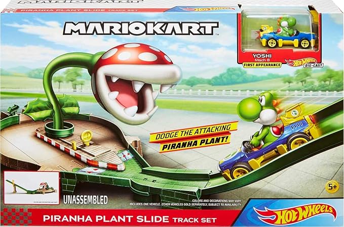 Hot Wheels Mario Kart Track Set & Toy Car, Piranha Plant Slide Playset with First-Appearance Yoshi Kart Vehicle & Gravity Launcher