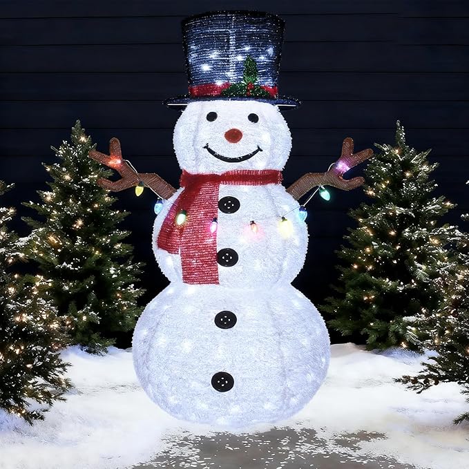 HOYECHI 5ft Lighted Pop-Up Snowman - Large White Outdoor Christmas Decoration with 200 LED Lights, Hat, Scarf, 10 Multicolored Lights, Holiday Ornaments for Home, Lawn and Front Yard