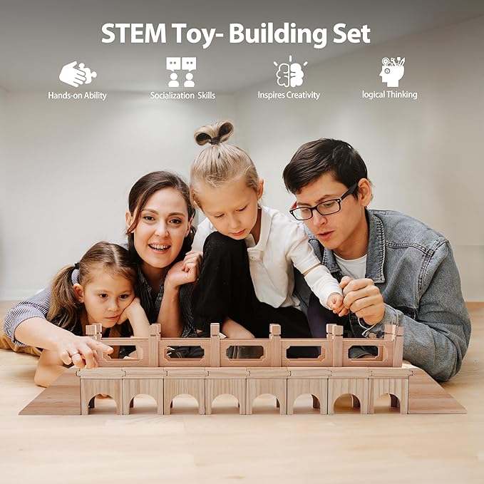 Wooden Building Blocks Set,48Pcs Construction Toys, Large-Bridge Set,Birdhouses, Castles, Dominoes and Other Open Stacking Blocks,Montessori Toys for Toddler 1-3 with Parent-Child Cards