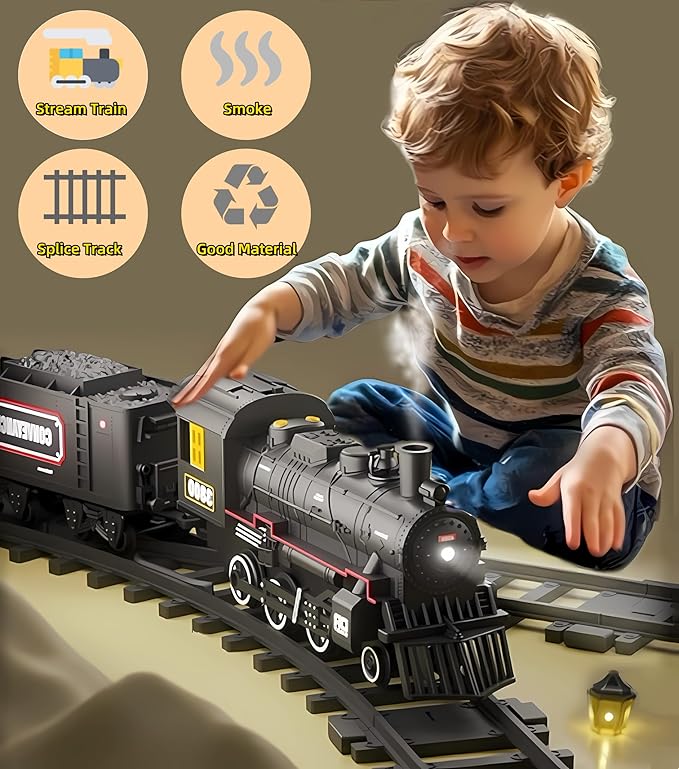 Train Set Train Toys for Kids w/Smokes, Lights & Sound Electric Trains w/Steam Locomotive Train Carriages & Luxury Tracks Model Trains for 3 4 5 6 7 8+