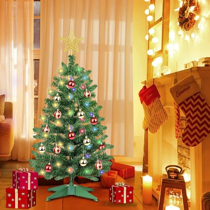 3 Ft Premium Green Christmas Tree Dual Color Change 12 Modes Timer DIY 50 Warm White & Colored Lights 15 Ball Ornaments Star Battery Operated Small Artificial Full Xmas Tree Table Indoor Holiday Decor