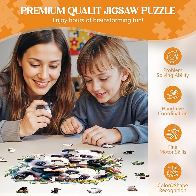 Wooden Puzzles for Adults, Panda Family Wooden Jigsaw Puzzles for Adults Kids, Unique Shaped Wood Puzzles Adult,Creative Birthday Gifts for Friends Family Game(11.4 * 11.2in 200pcs)
