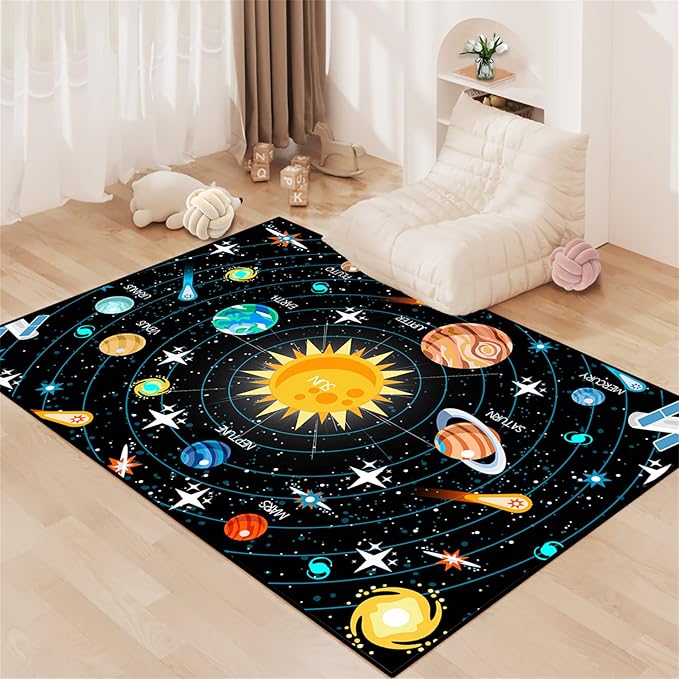 Universe Planet Area Rugs Outer Space Rugs for Boys Bedroom Educational Sofa Floor Mat Galaxy Solar System Theme Throw Rugs for Indoor Outdoor Carpets Crystal Polyester Mats Oversized, 5'×7'