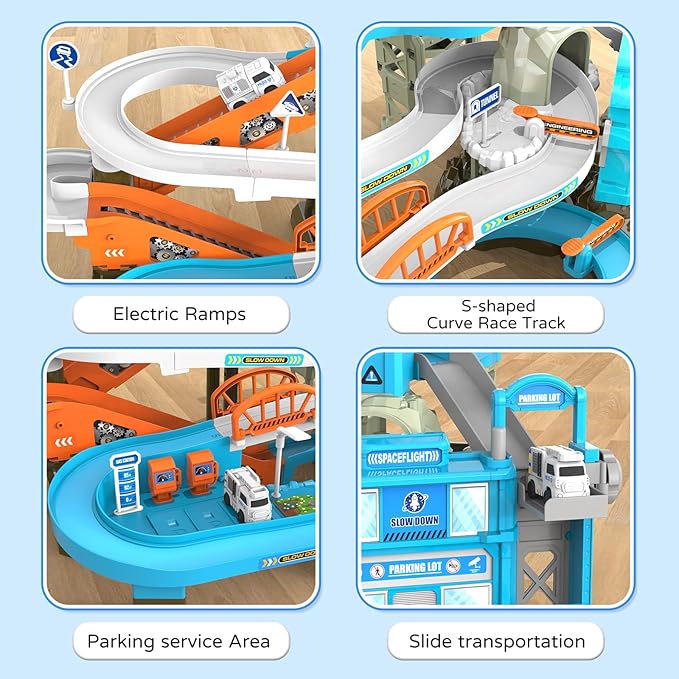 53PCS Space High-Speed Rail Adventure Track Set-Electric Elevator, Rotating Slide, 3 Mini Police Cars & Train, Lights & Music, Interactive Adventure Playset Fun for Kids 3+, Ideal Gift