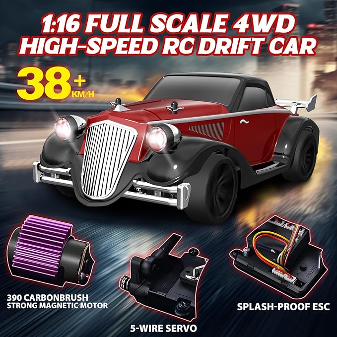 RC Drift Car 1/16 Scale 38KM/H Fast 4WD RC Car 2.4Ghz with 6 Modes of Light 2Pcs Rechargeable Batteries Racing for Boys and Adults Gift
