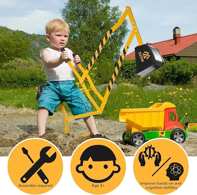 Sand Digger Excavator Toys for Kids Outdoor Sandbox Digger Crane with 360 Degree Rotatable Seat Excavator Ride On Toy Beach Toys Great for Sand Dirt and Snow Steel Outdoor Play Toys, Yellow