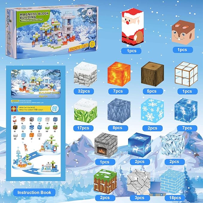 Magnetic Blocks - 110PCS Magnets Building Blocks World Set for Kids Ages 3-5 5-7 8-12, Magnetic Tiles Game Preschool Toys for 3 4 5 6 Year Old Girls Boys Gifts (Ice World)