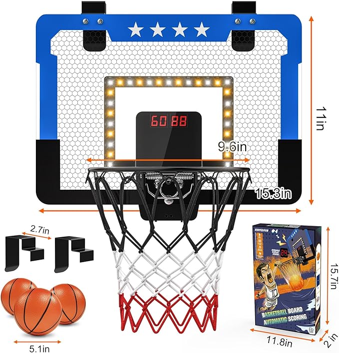 Indoor Basketball Hoop for Kids, Mini Basketball Hoop with Double Electronic Scoreboard and LED Light, Over The Door Basketball Gifts Toys for 5 6 7 8 9 10 11 12 Year Old Boys (East Blue)