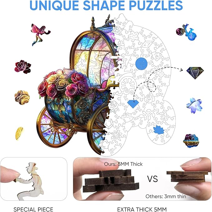 Wooden Puzzles, Pumpkin Carriage Jigsaw Puzzles 200 Pieces, 5MM Thick Unique Shaped Flower Brain Teaser Puzzles Birthday Gifts for Kids Family Game 10.9 * 11.2inch