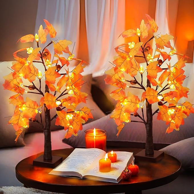 2 Packs 24 Inch Lighted Maple Tree Fall Thanksgiving Decorations with 48 LEDs Timer Battery Operated 3D Acorn Maple Lampshade Artificial Autumn Tree Lights for Thanksgiving Table Decor Home Indoor