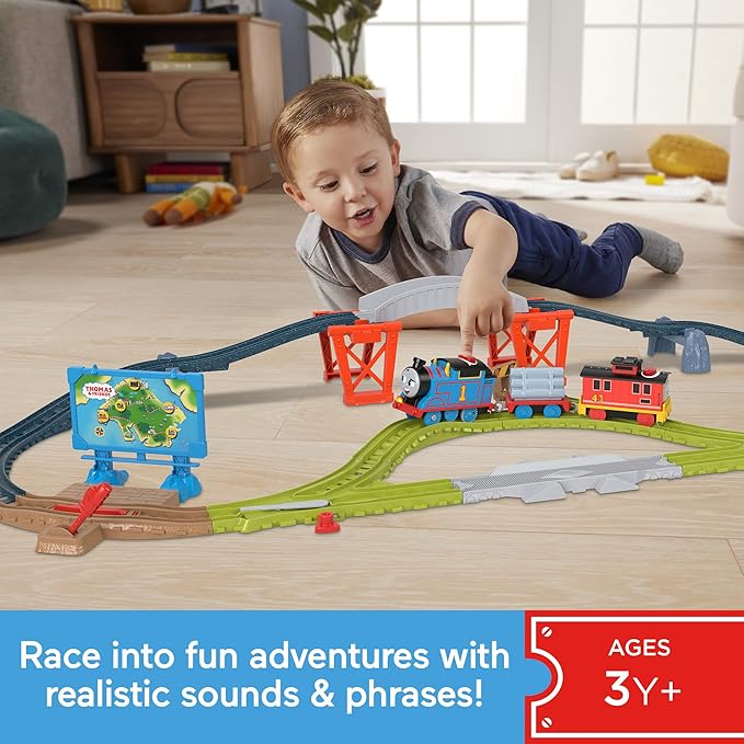 Thomas & Friends Toy Train Set Talking Thomas & Brake Car Bruno Track Playset with Phrases & Sounds for Preschool Kids Ages 3+ Years