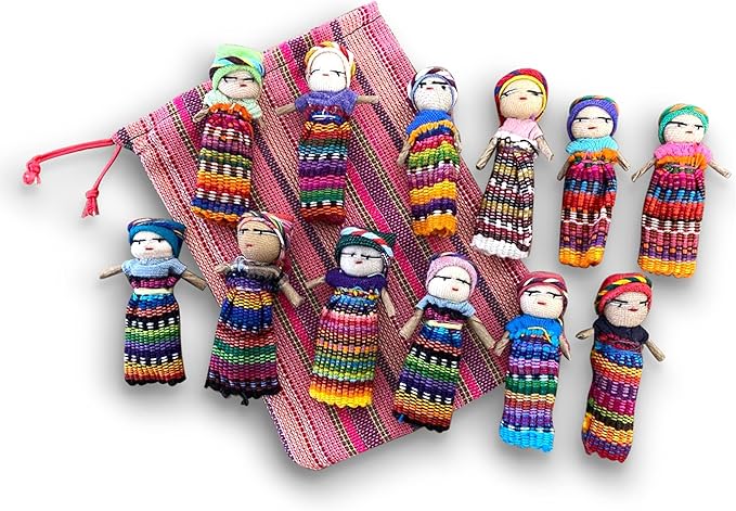 Set of 11 Guatemalan Handmade Worry Doll with a Colourful Crafted Storage Bag | Worry Dolls for Girls | Worry Dolls for Boys | Anxiety Dolls | Worry Doll | Guatamalan Doll