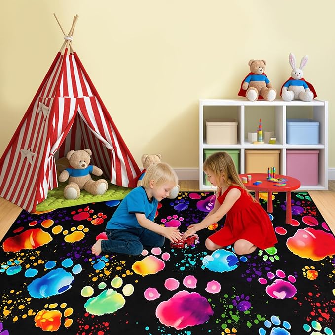 Paw Print Rug - Cute Colorful Dog Cat Paw Print Rugs Cartoon Animal Claw Carpet for Kids Bedroom Cute Animal Paw Themed Decorative Carpet for Playroom Soft Decor for Classroom,3'×5'
