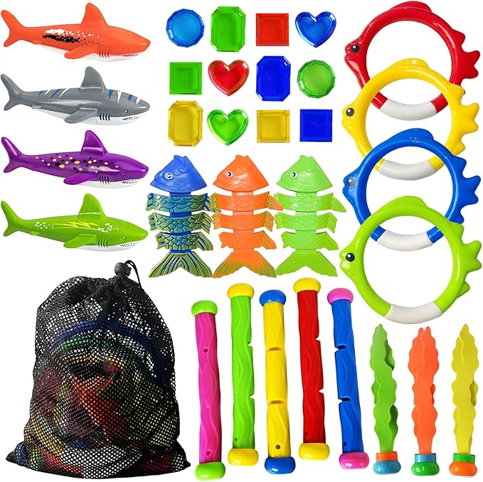 Jasonwell Pool Diving Toys Games - 31 PCS Swimming Pool Toys for Kids Teens with Diving Rings Dive Sticks Underwater Treasures Torpedo Bandits Fish Toy etc Fun Water Swim Toy for Boys Girls Adults