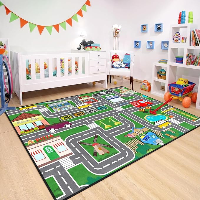 Car Rugs for Kids - Car Track Carpet for Boys Road Rug for Bedroom Road Map Carpet for Kids Play Mat Farm, 4. 5x6 Feet