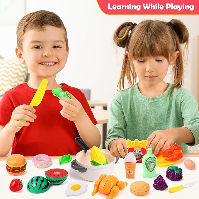 HOLYFUN Play Food Toy Set for Kids Kitchen, Shopping Basket with Cutting Fruit & Vegetables Accessories, Pot and Pan, Plastic Dishes, Toddler Play Kitchen Accessories Educational Toys for Boys Girls