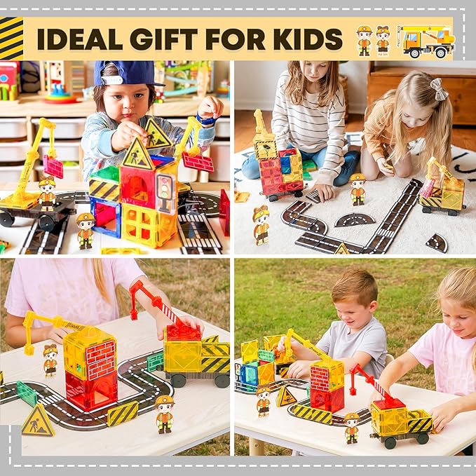 Kids Games Magnetic Tiles with 2 Cranes Construction Toys Set Sensory Toys for Boys Girls Ages 3-6 5-7 8-13, Gifts for 3+ Year Old Boys Girls Toddler Outdoor Kids Toys with Car