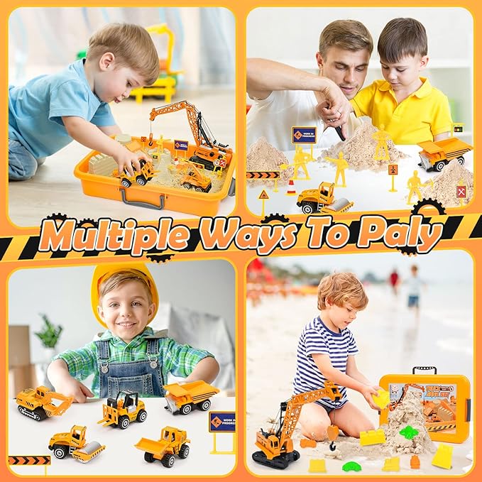 Construction Sandbox Toys Kids Play Sand Kit, 3.1lbs Sand & Large Tower Crane & 5 Trucks & 13 Signs & 14 Molds, Beach Building Castle Table Sensory Bin Toy for Toddler Boy 3-8 Years Old