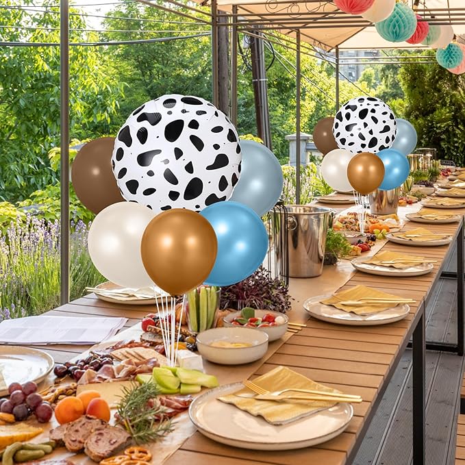 2 Sets Cowboy Party Decorations Table Centerpiece Blue Brown Neutral Balloon Stand Kit with Large Cow Print Foil Latex Balloon for Western Cowboy Farm Animal Baby Shower Birthday Supplies