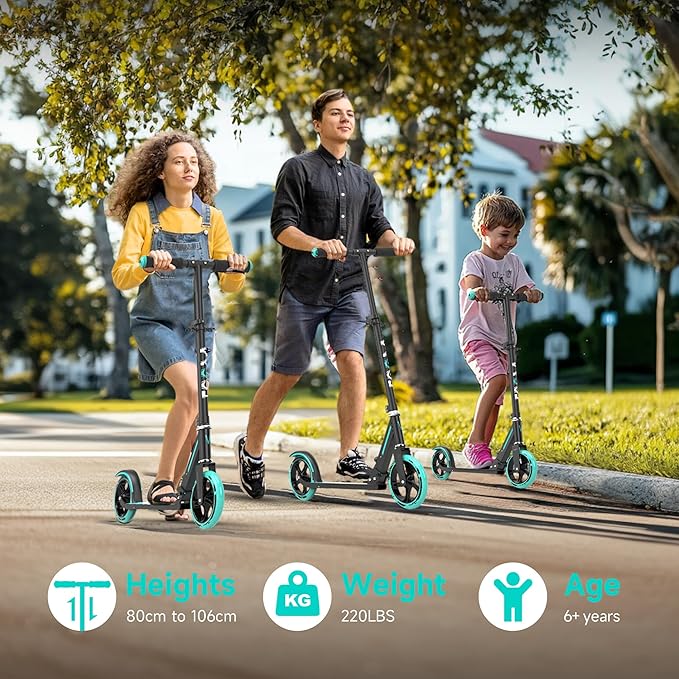Scooter for Kids 6-12 & Adults,Kid Scooter for Age 6-12,Big Wheels,Adjustable Height, Foldable, Aluminium Frame,Holds Up to 220 LBS
