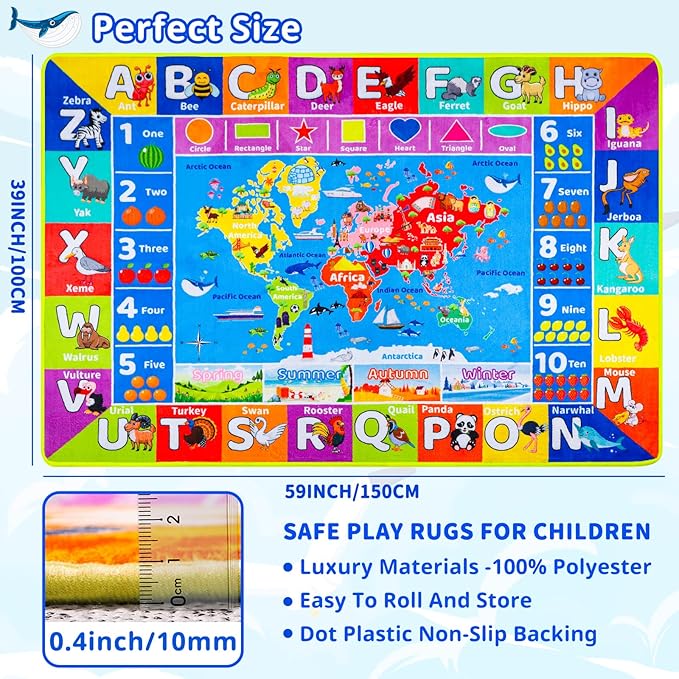 World Map ABC Kid Rug for Playroom Geography 59"×39.4" Classroom Play Rug Educational Baby Playmat Alphabet Rug Primary School Fluffy Ployester Non-Slip Preschool Rug Nursery Room Elementary Learning